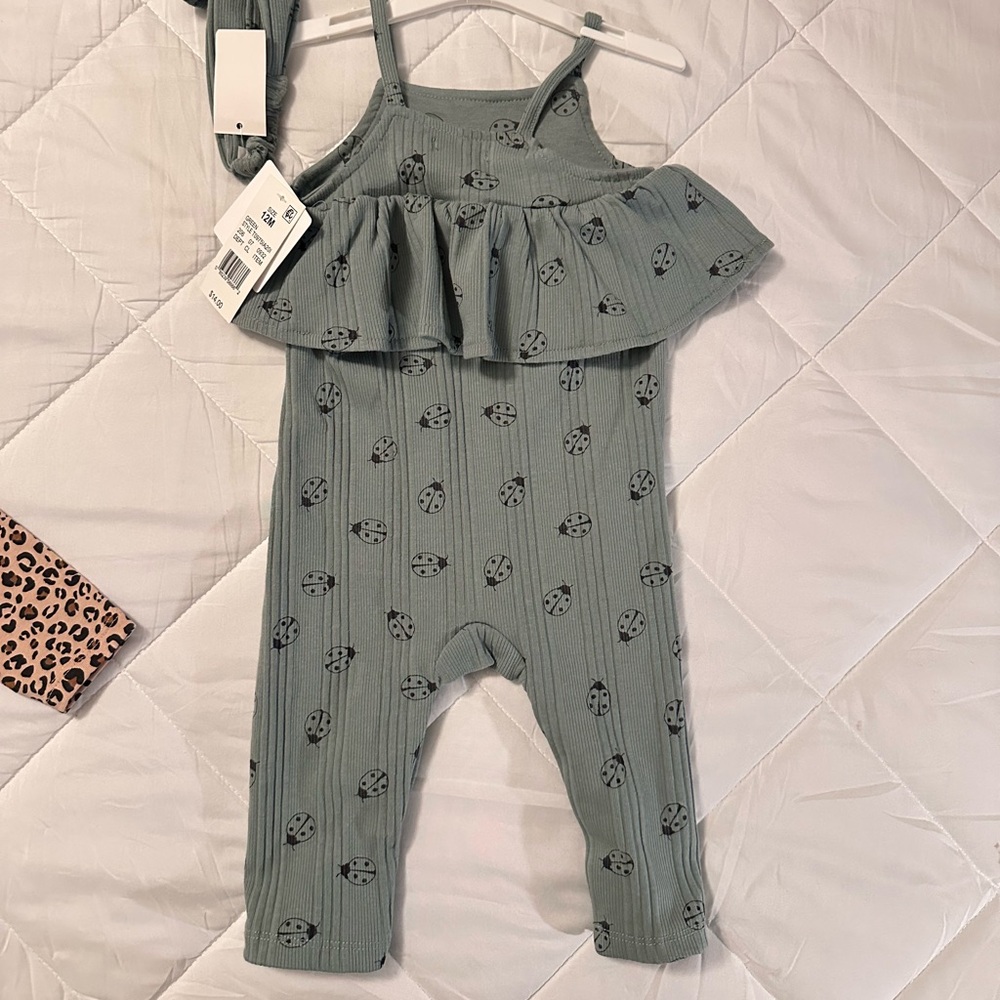 Ribbed Sage Green Baby Ruffle Romper with Ladybug Print